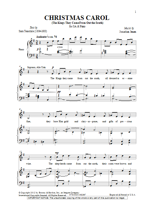 Jonathan Jensen Christmas Carol (The Kings They Came Out From The South) Sheet Music Notes & Chords for 2-Part Choir - Download or Print PDF
