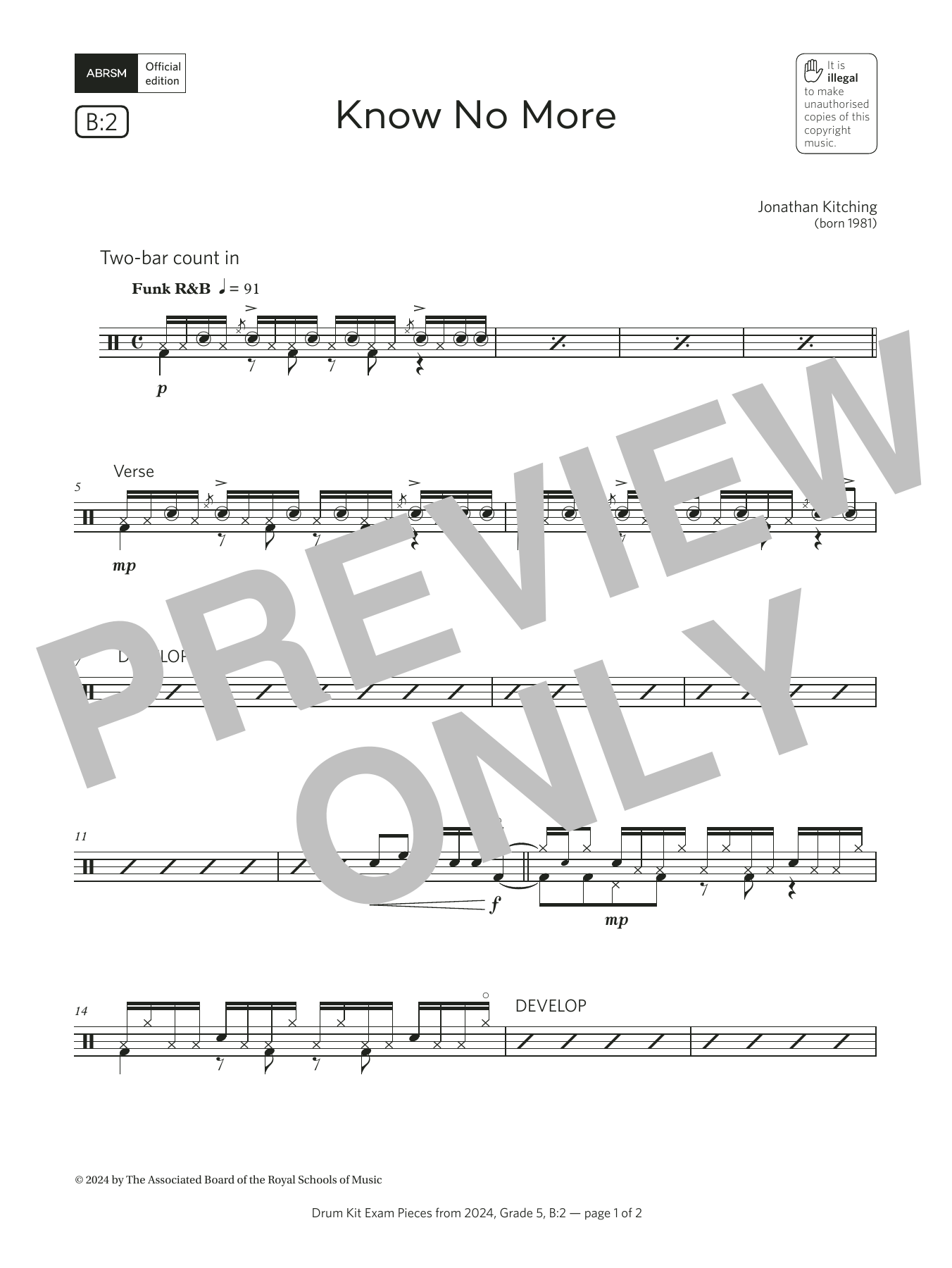 Jonathan Kitching Know No More (Grade 5, list B2, from the ABRSM Drum Kit Syllabus 2024) Sheet Music Notes & Chords for Drums - Download or Print PDF