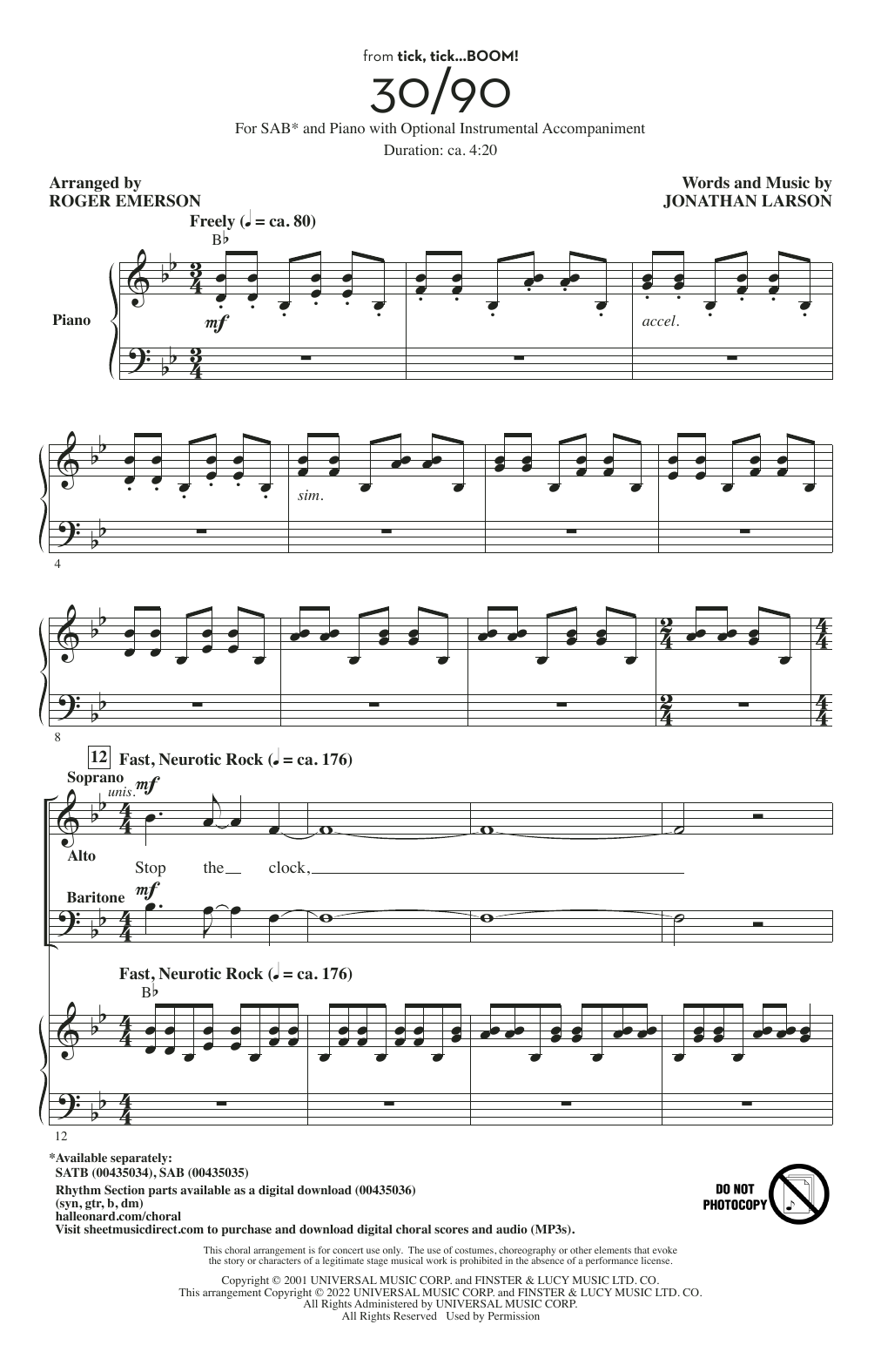 Jonathan Larson 30/90 (from tick, tick... BOOM!) (arr. Roger Emerson) Sheet Music Notes & Chords for SAB Choir - Download or Print PDF