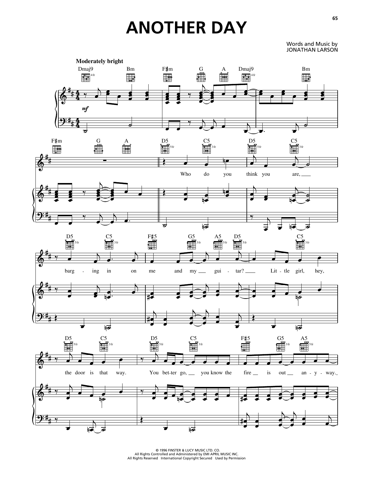 Jonathan Larson Another Day (from Rent) Sheet Music Notes & Chords for Piano, Vocal & Guitar Chords (Right-Hand Melody) - Download or Print PDF