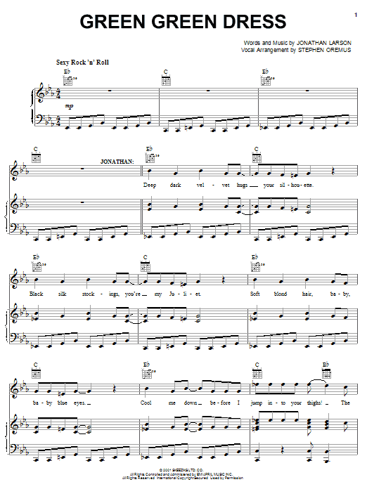 Jonathan Larson Green Green Dress Sheet Music Notes & Chords for Piano, Vocal & Guitar (Right-Hand Melody) - Download or Print PDF