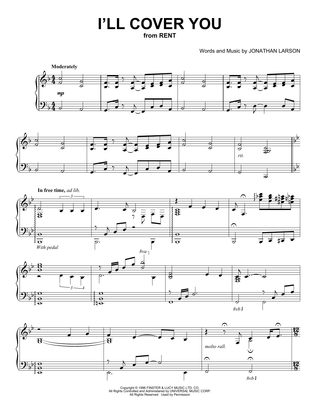 Jonathan Larson I'll Cover You (from Rent) (Peaceful Piano Solo) Sheet Music Notes & Chords for Piano Solo - Download or Print PDF Jonathan Larson I'll Cover You (from Rent) (Peaceful Piano Solo) Sheet Music Notes & Chords for Piano Solo - Download or Print PDF