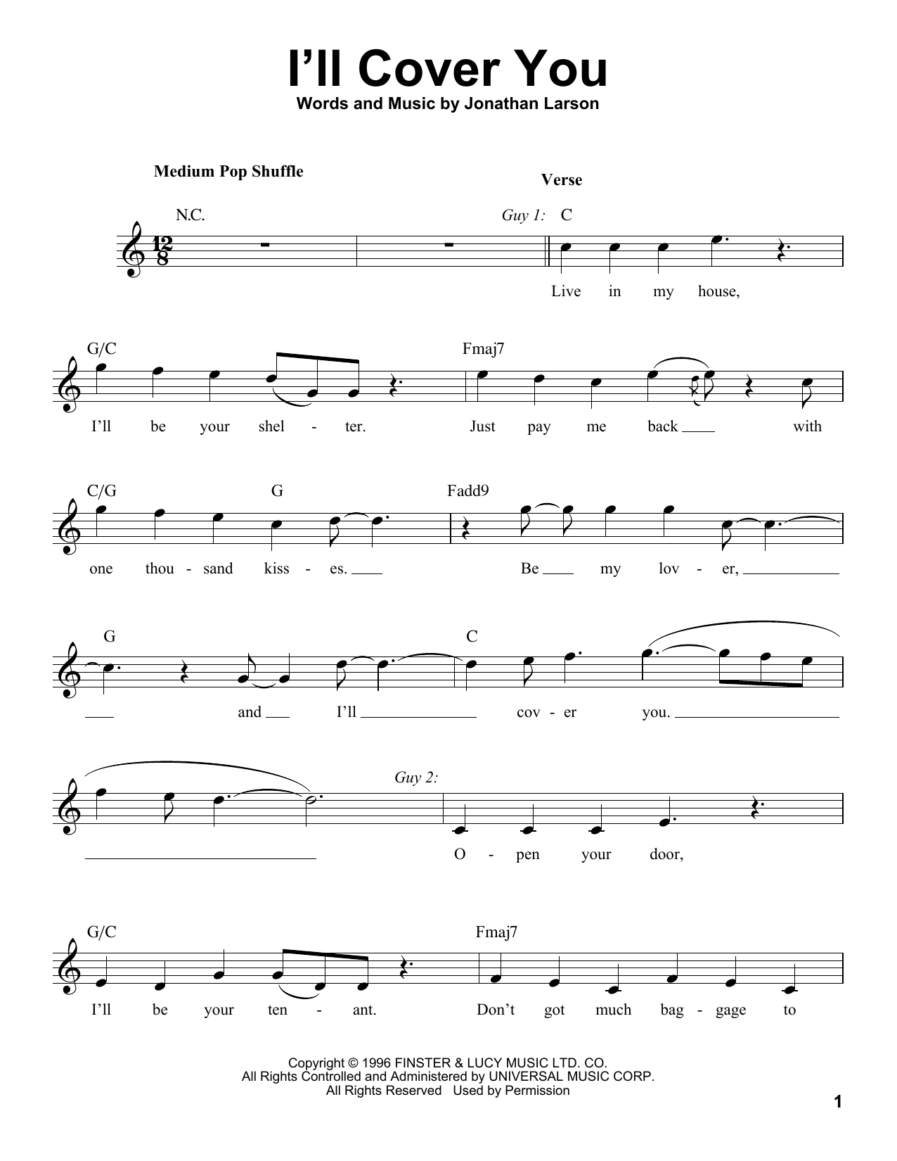 Jonathan Larson I'll Cover You Sheet Music Notes & Chords for Voice - Download or Print PDF