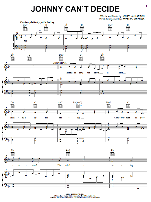 Jonathan Larson Johnny Can't Decide Sheet Music Notes & Chords for Piano, Vocal & Guitar (Right-Hand Melody) - Download or Print PDF