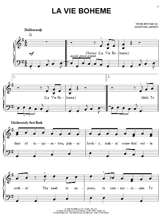 Jonathan Larson La Vie Boheme (from Rent) Sheet Music Notes & Chords for Easy Piano - Download or Print PDF