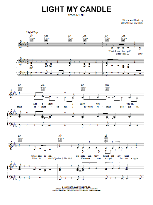Jonathan Larson Light My Candle Sheet Music Notes & Chords for Easy Piano - Download or Print PDF