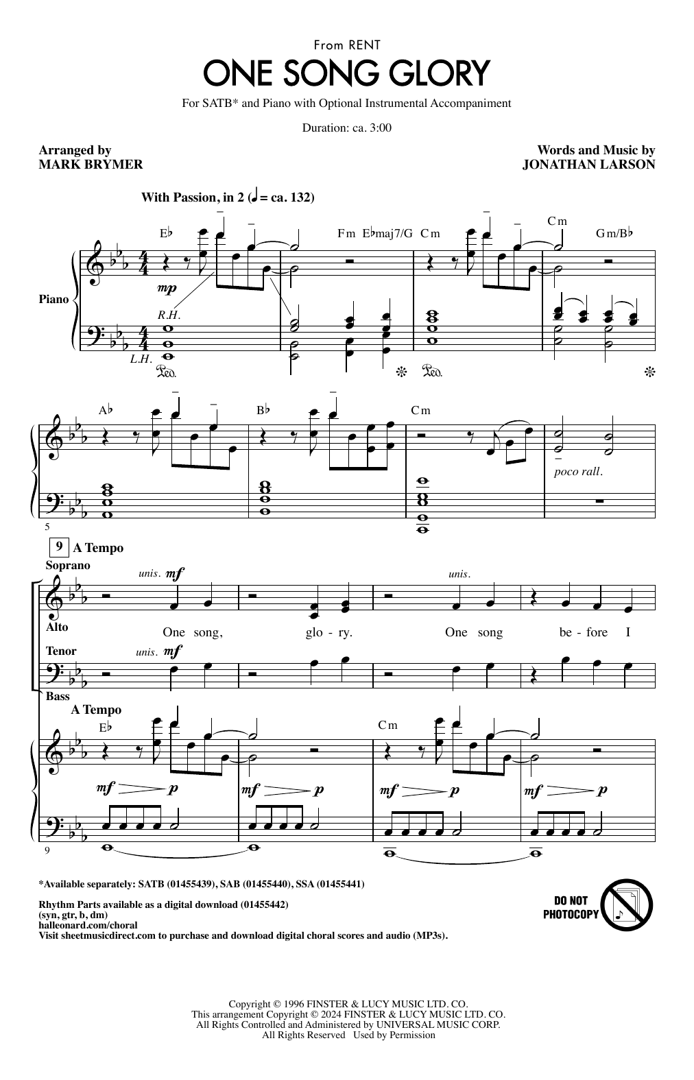 Jonathan Larson One Song Glory (from Rent) (arr. Mark Brymer) Sheet Music Notes & Chords for SATB Choir - Download or Print PDF