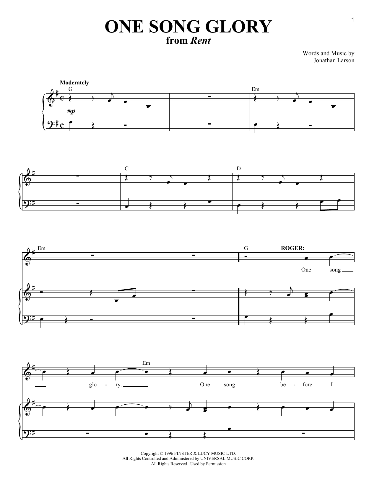 Jonathan Larson One Song Glory Sheet Music Notes & Chords for Piano & Vocal - Download or Print PDF