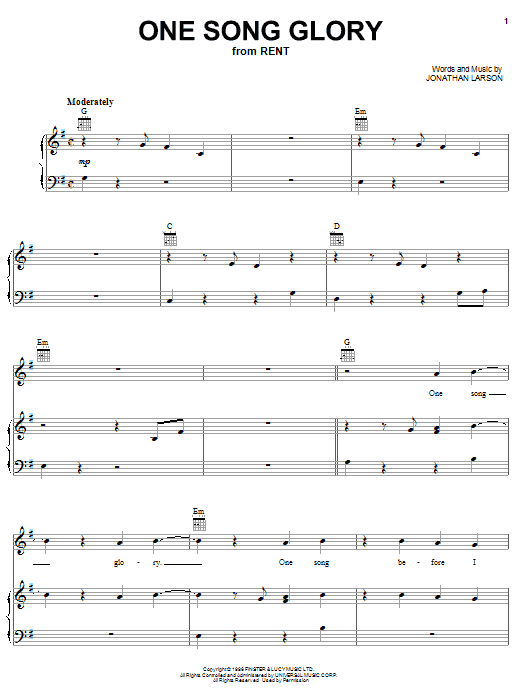 Jonathan Larson One Song Glory Sheet Music Notes & Chords for Piano & Vocal - Download or Print PDF