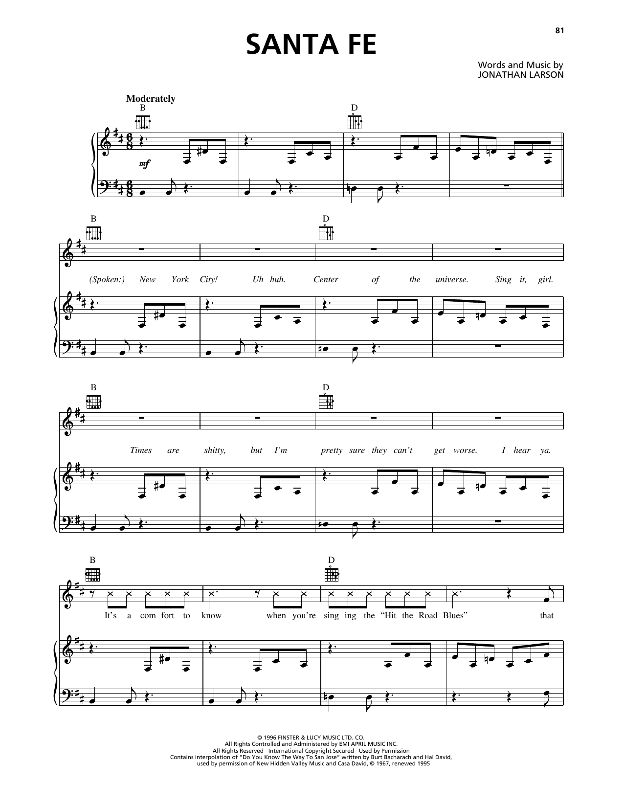 Jonathan Larson Santa Fe (from Rent) Sheet Music Notes & Chords for Piano, Vocal & Guitar Chords (Right-Hand Melody) - Download or Print PDF