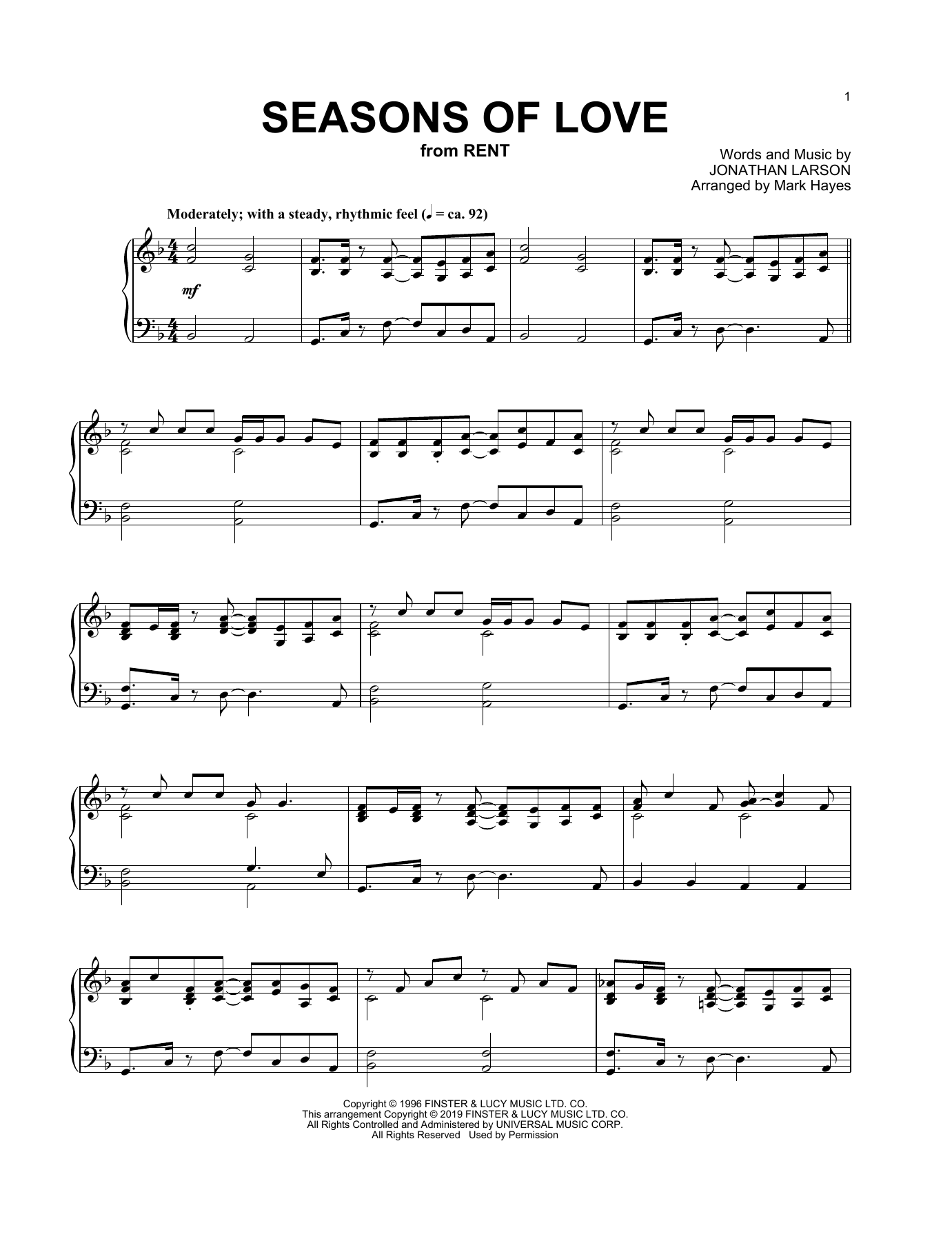 Jonathan Larson Seasons Of Love (from Rent) (arr. Mark Hayes) Sheet Music Notes & Chords for Piano Solo - Download or Print PDF