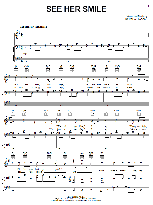 Jonathan Larson See Her Smile Sheet Music Notes & Chords for Piano, Vocal & Guitar (Right-Hand Melody) - Download or Print PDF