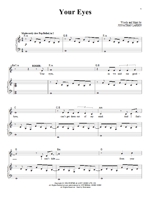 Jonathan Larson Your Eyes Sheet Music Notes & Chords for Piano & Vocal - Download or Print PDF