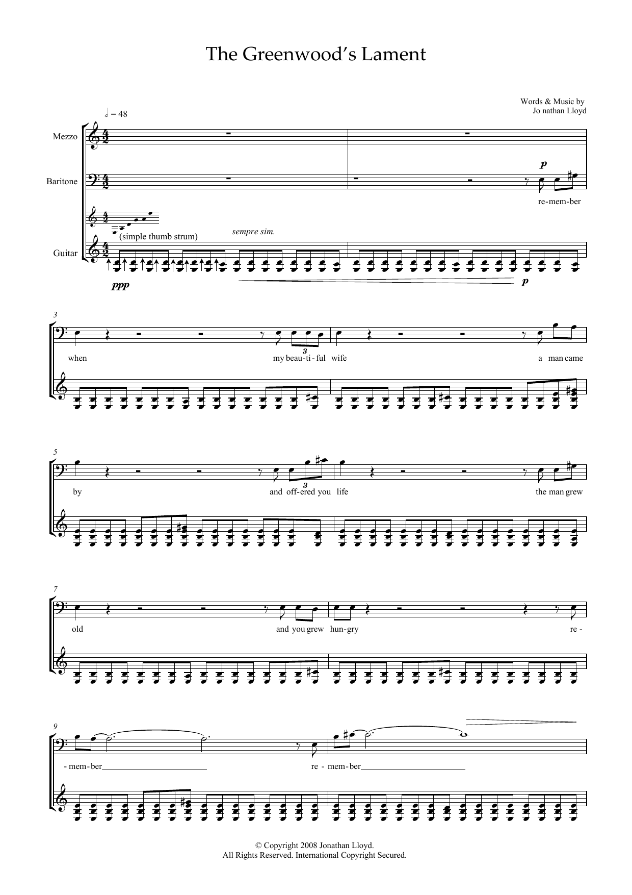 Jonathan Lloyd The Greenwood's Lament (for mezzo-soprano, baritone and guitar) Sheet Music Notes & Chords for Piano & Vocal - Download or Print PDF