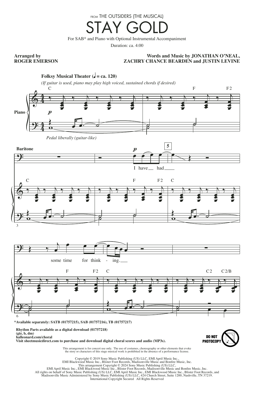 Jonathan O'Neal, Zachry Chance Bearden and Justin Levine Stay Gold (from The Outsiders) (arr. Roger Emerson) Sheet Music Notes & Chords for SATB Choir - Download or Print PDF