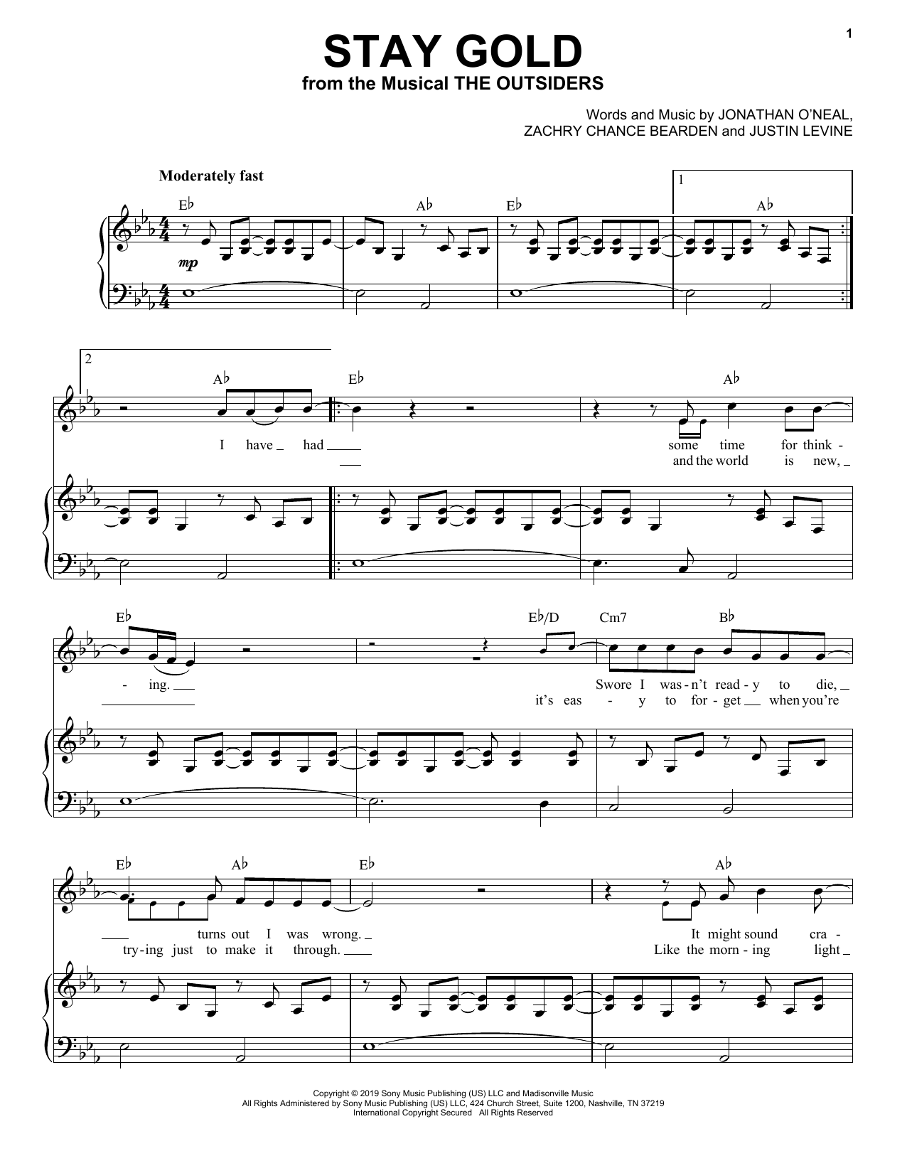 Jonathan O'Neal, Zachry Chance Bearden and Justin Levine Stay Gold (from The Outsiders) Sheet Music Notes & Chords for Piano & Vocal - Download or Print PDF