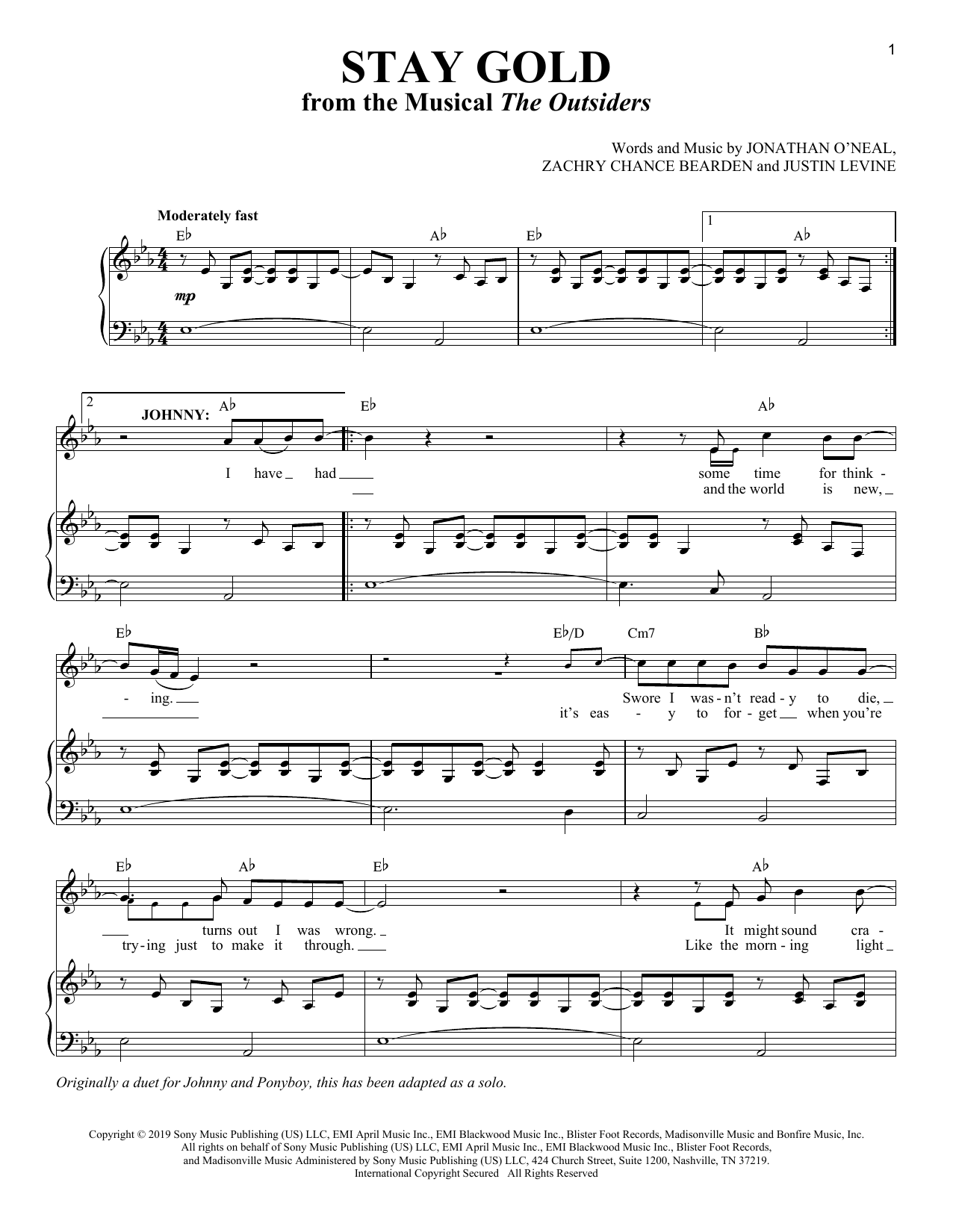 Jonathan O'Neal, Zachry Chance Bearden and Justin Levine Stay Gold (from The Outsiders The Musical) Sheet Music Notes & Chords for Piano & Vocal - Download or Print PDF