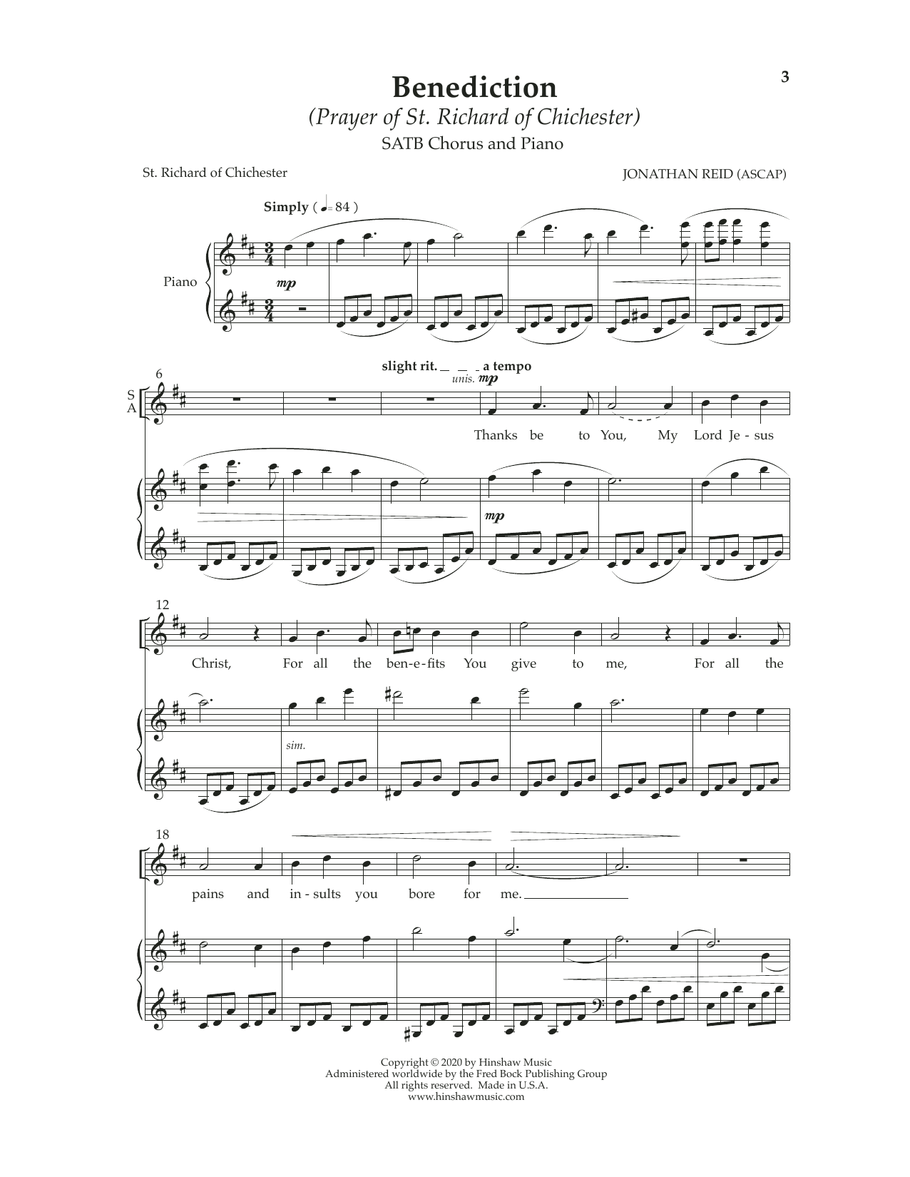 Jonathan Reid Benediction (Prayer of St. Richard of Chichester) Sheet Music Notes & Chords for SATB Choir - Download or Print PDF