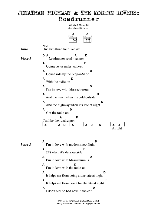 Jonathan Richman Roadrunner Sheet Music Notes & Chords for Lyrics & Chords - Download or Print PDF