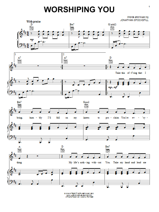 Jonathan Stockstill Worshiping You Sheet Music Notes & Chords for Piano, Vocal & Guitar (Right-Hand Melody) - Download or Print PDF Jonathan Stockstill Worshiping You Sheet Music Notes & Chords for Piano, Vocal & Guitar (Right-Hand Melody) - Download or Print PDF