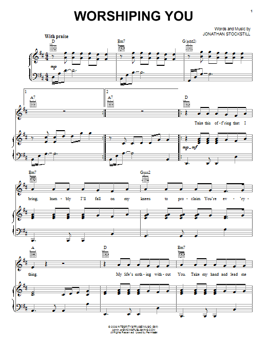 Jonathan Stockstill Worshiping You Sheet Music Notes & Chords for Piano, Vocal & Guitar (Right-Hand Melody) - Download or Print PDF