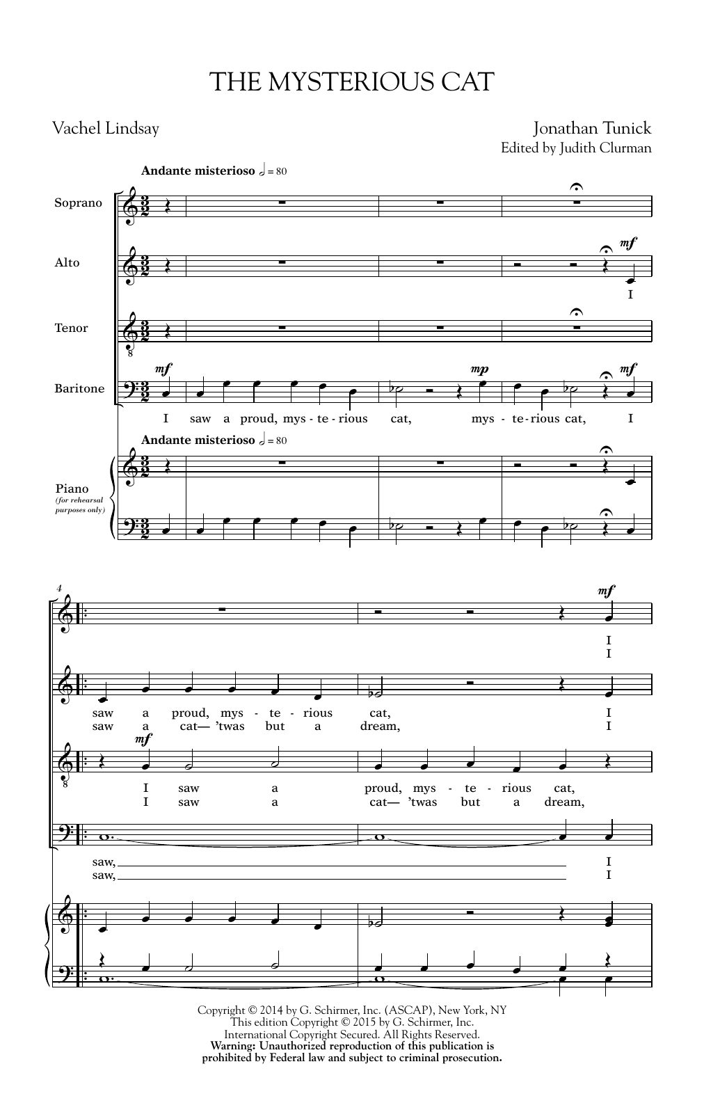 Jonathan Tunick The Mysterious Cat Sheet Music Notes & Chords for SATB - Download or Print PDF