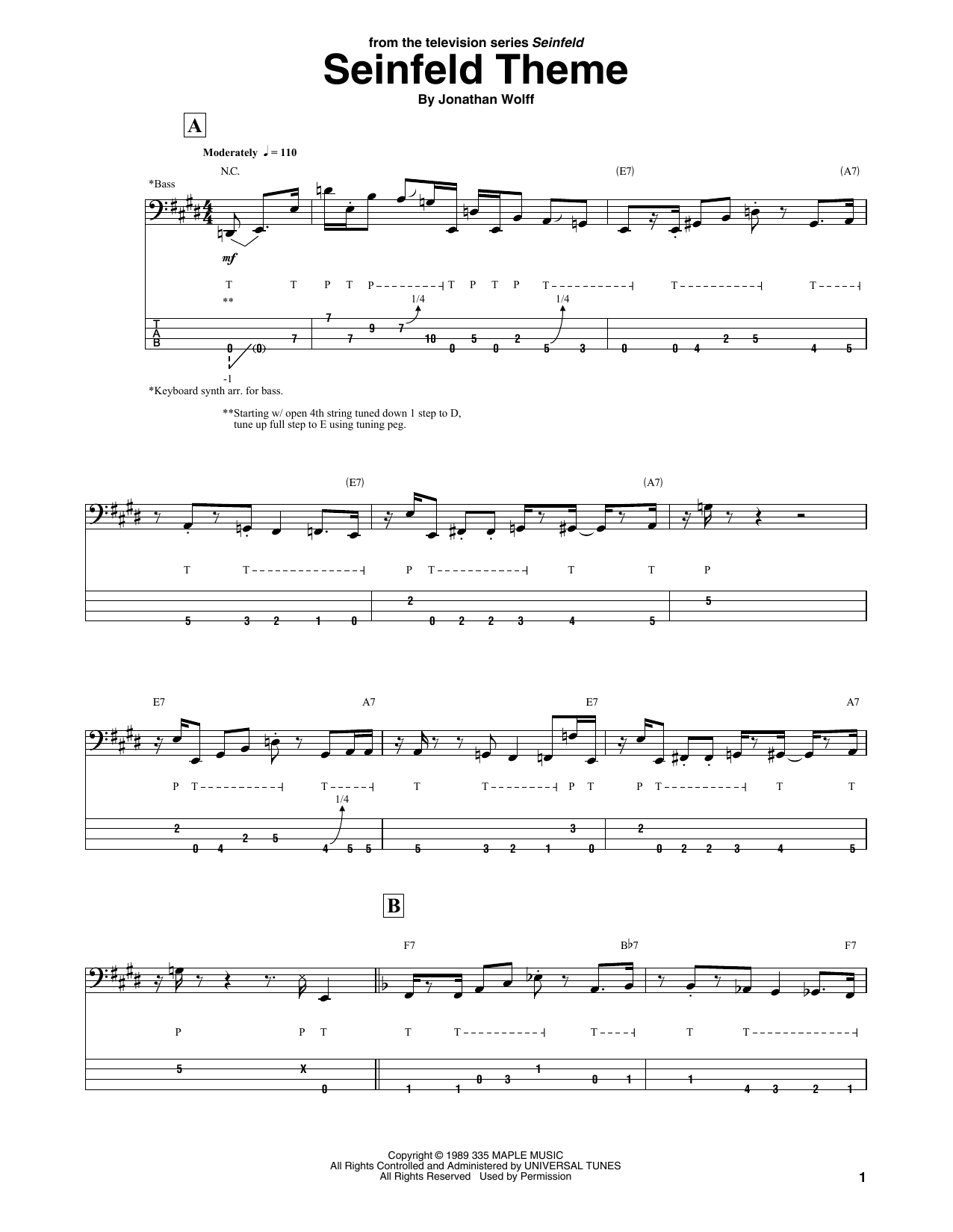 Jonathan Wolff Seinfeld Theme Sheet Music Notes & Chords for Bass Guitar Tab - Download or Print PDF