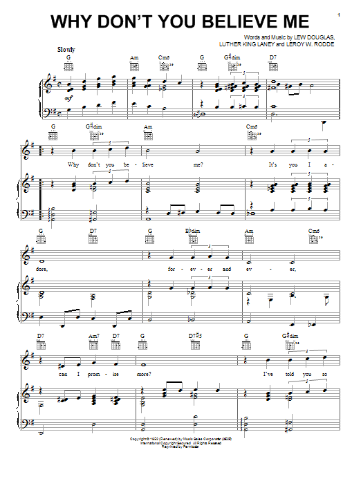 Joni James Why Don't You Believe Me Sheet Music Notes & Chords for Piano, Vocal & Guitar (Right-Hand Melody) - Download or Print PDF