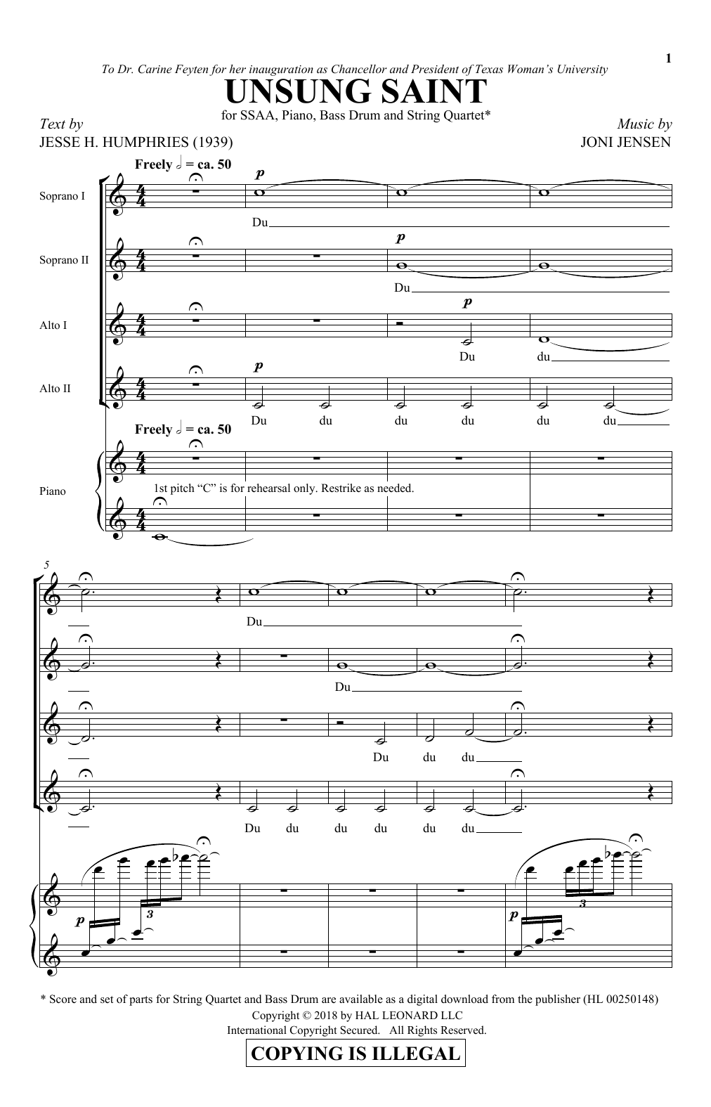 Joni Jensen Unsung Saint Sheet Music Notes & Chords for SSA Choir - Download or Print PDF