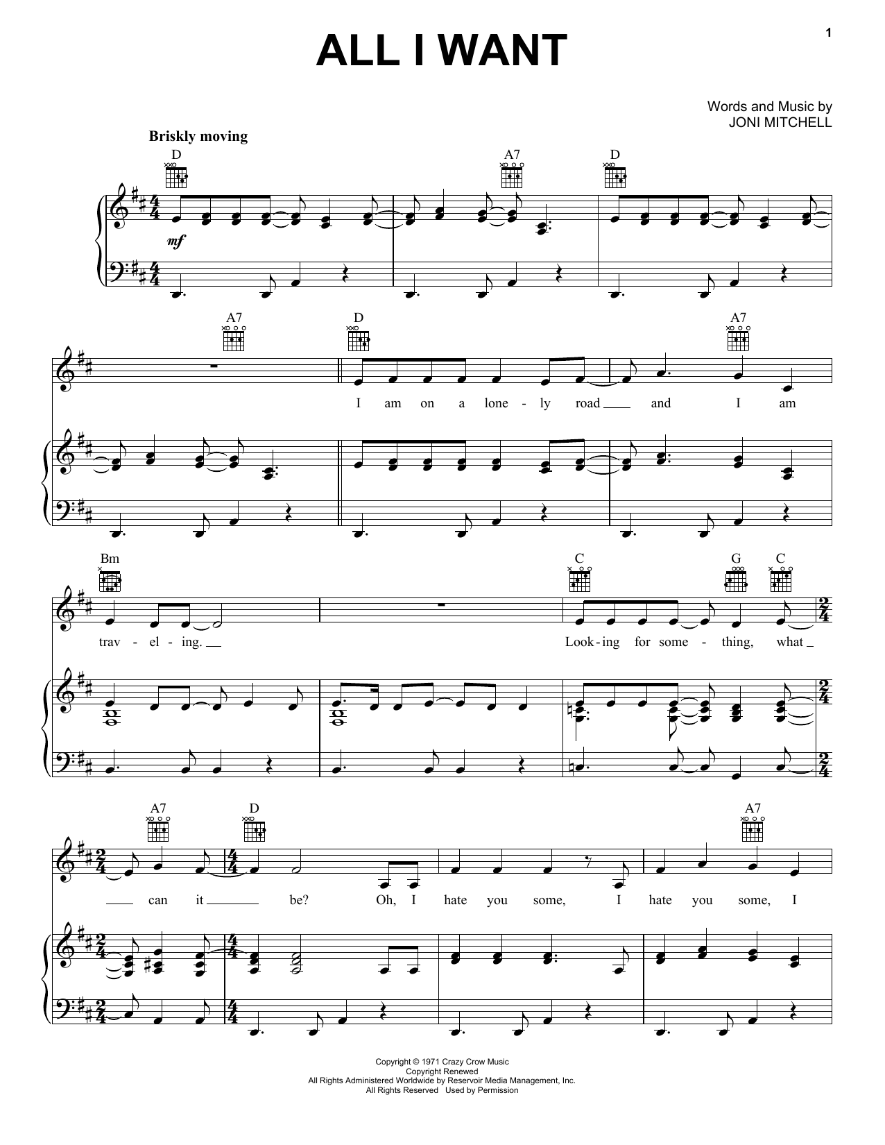 Joni Mitchell All I Want Sheet Music Notes & Chords for Piano, Vocal & Guitar Chords (Right-Hand Melody) - Download or Print PDF