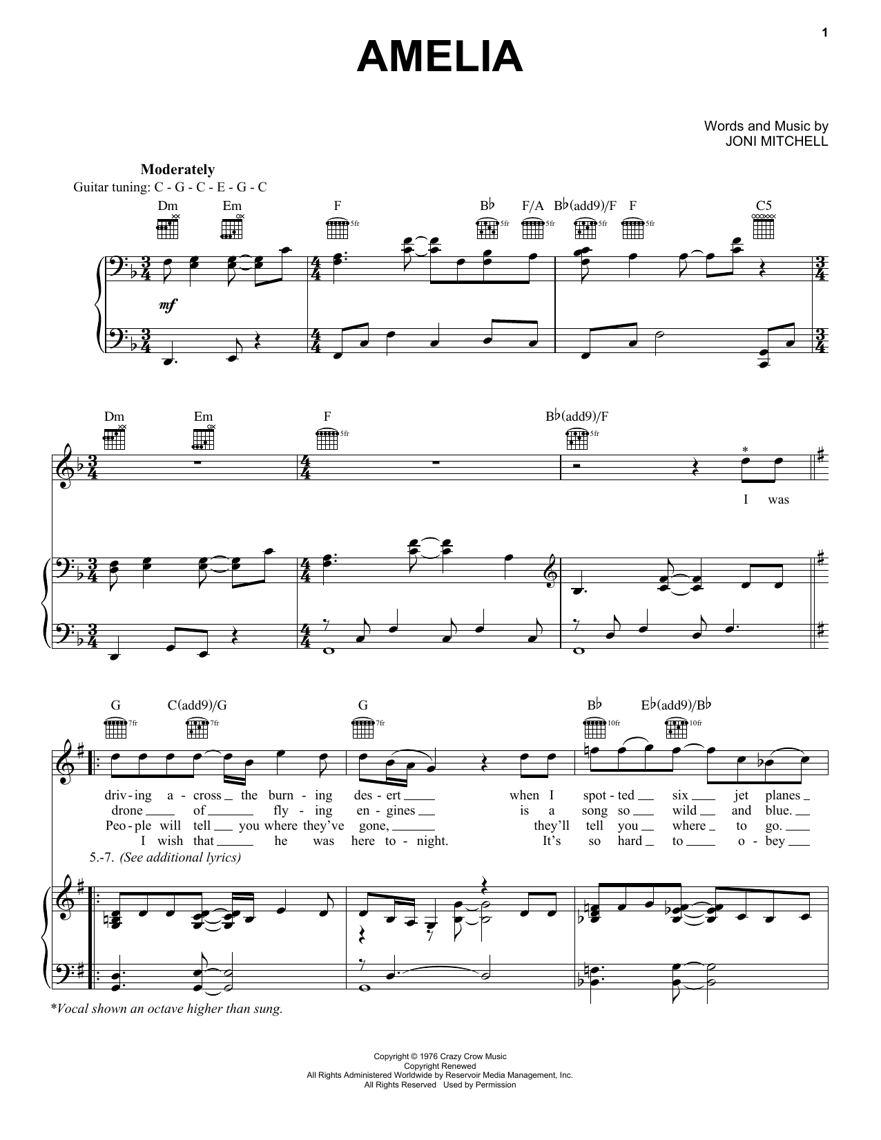 Joni Mitchell Amelia Sheet Music Notes & Chords for Piano, Vocal & Guitar Chords (Right-Hand Melody) - Download or Print PDF