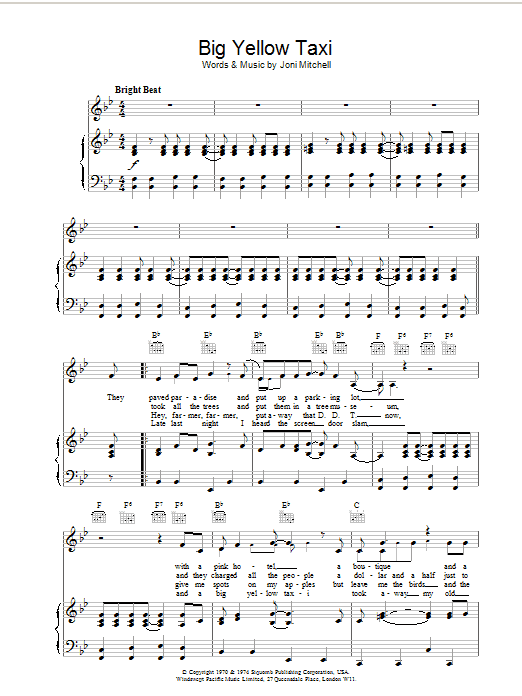 Joni Mitchell Big Yellow Taxi Sheet Music Notes & Chords for Piano, Vocal & Guitar (Right-Hand Melody) - Download or Print PDF