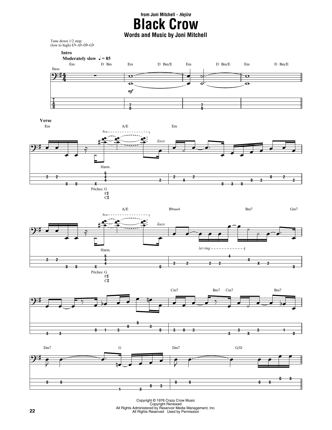 Joni Mitchell Black Crow Sheet Music Notes & Chords for Bass Guitar Tab - Download or Print PDF