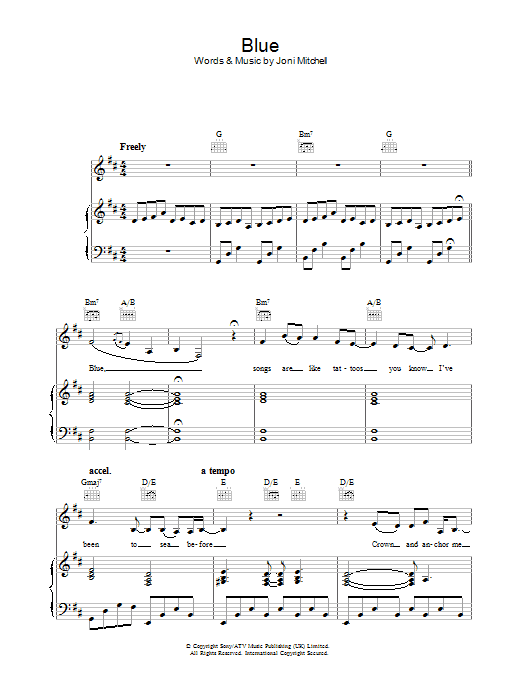 Joni Mitchell Blue Sheet Music Notes & Chords for Piano, Vocal & Guitar - Download or Print PDF