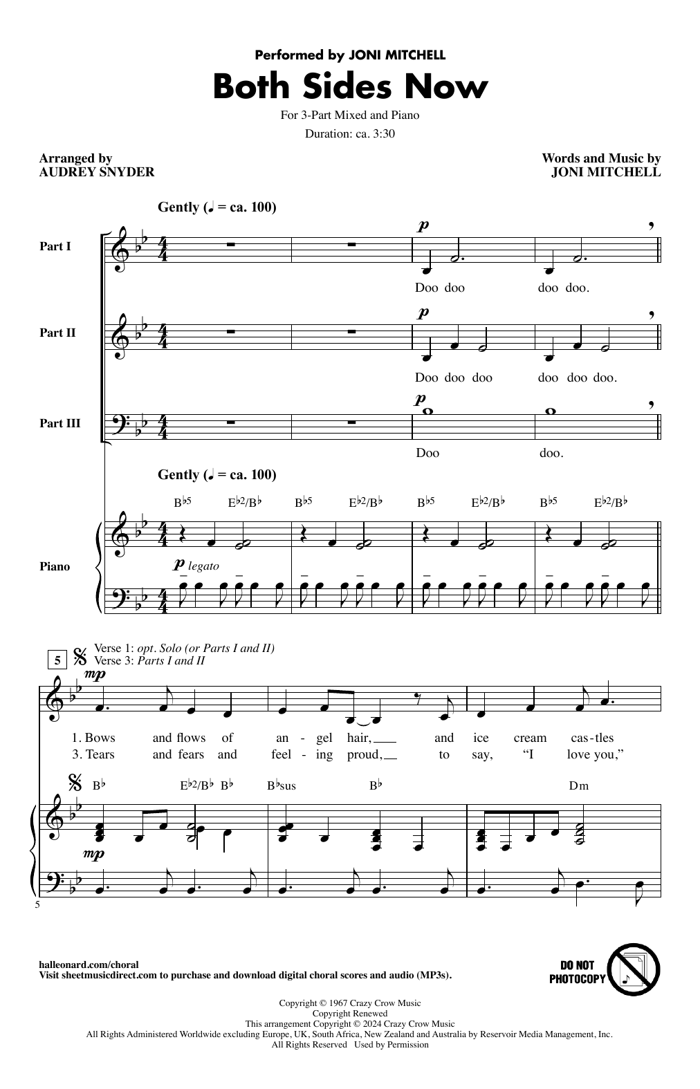 Joni Mitchell Both Sides Now (arr. Audrey Snyder) Sheet Music Notes & Chords for 3-Part Mixed Choir - Download or Print PDF