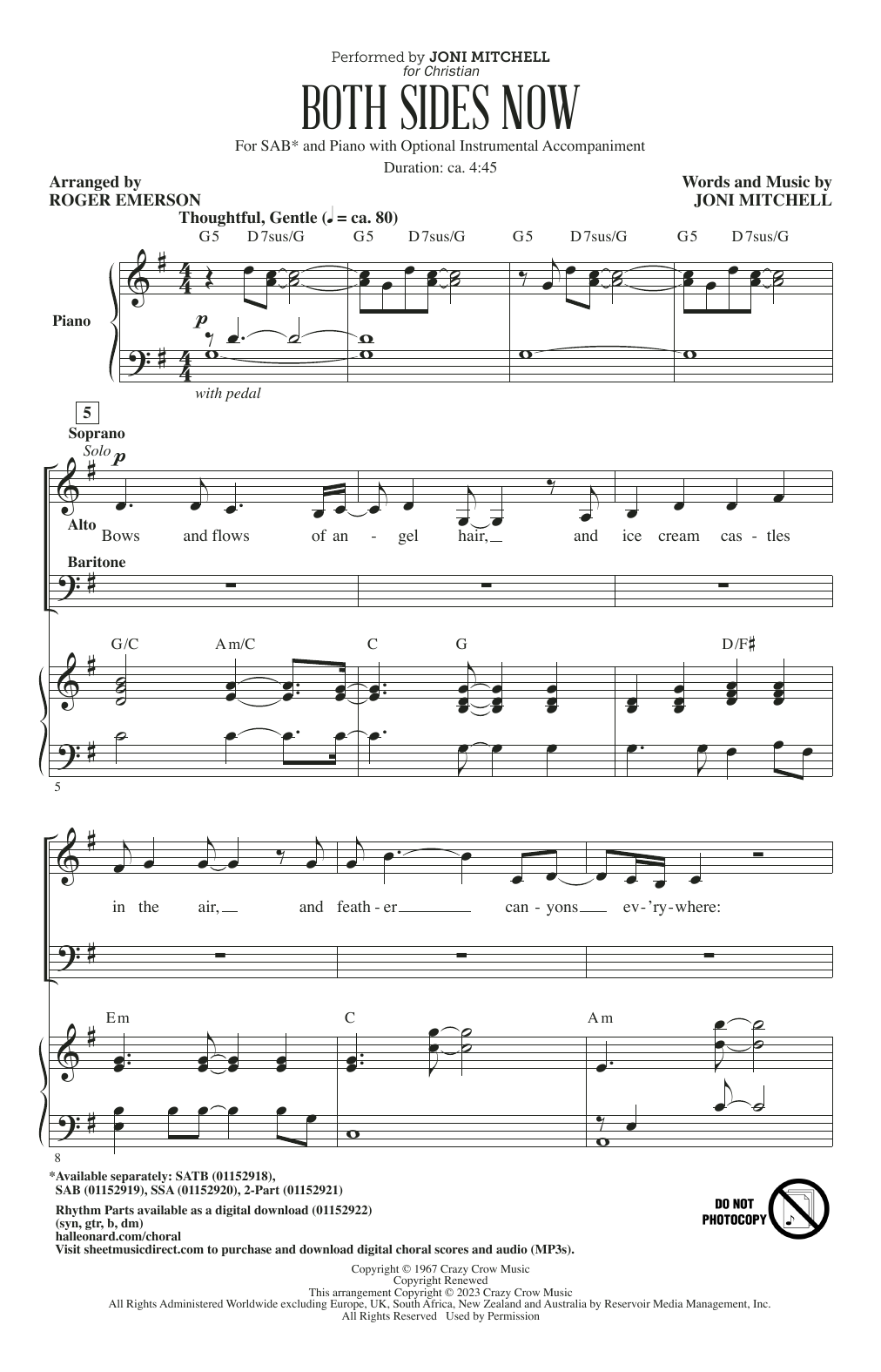 Joni Mitchell Both Sides Now (arr. Roger Emerson) Sheet Music Notes & Chords for SAB Choir - Download or Print PDF