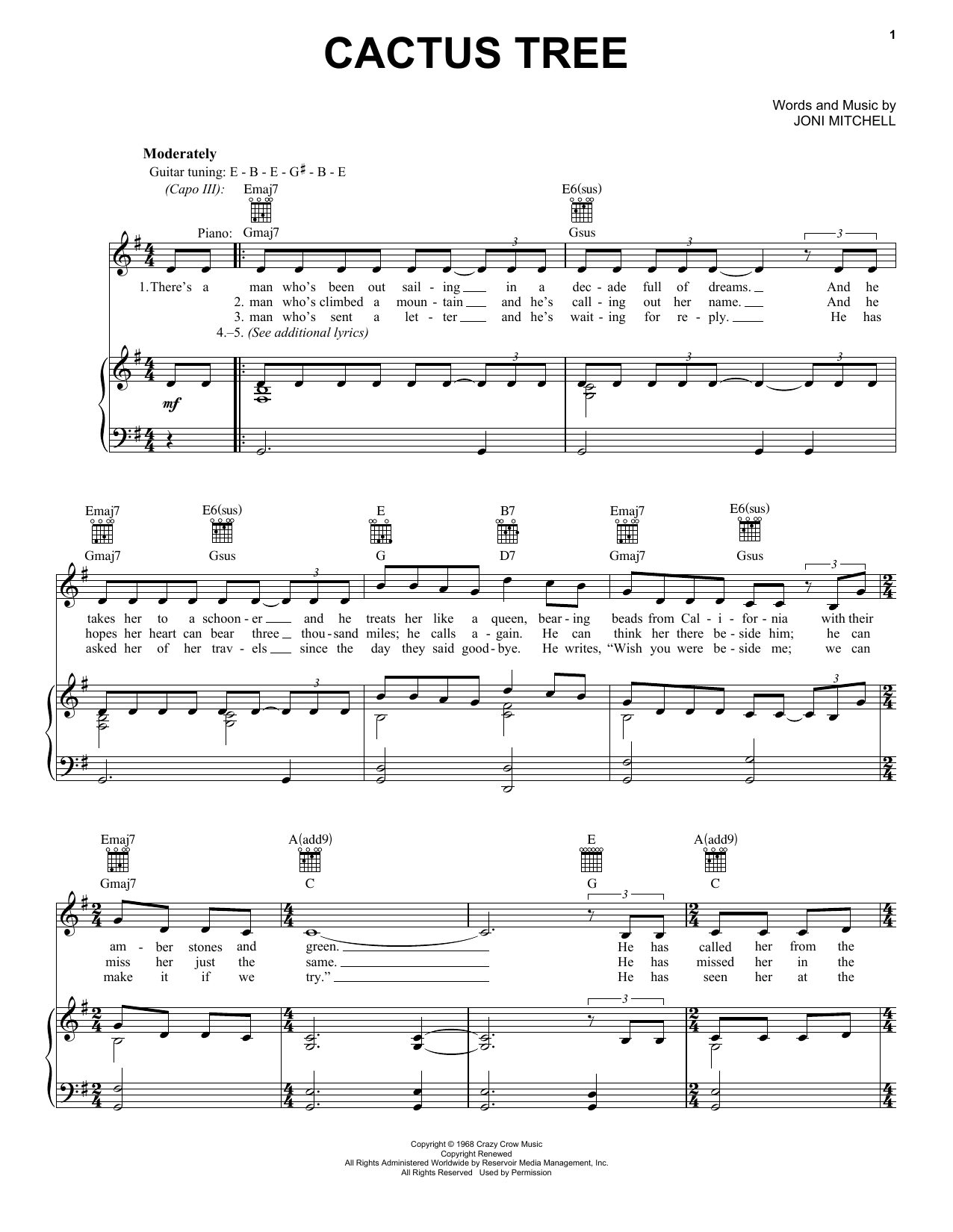 Joni Mitchell Cactus Tree Sheet Music Notes & Chords for Piano, Vocal & Guitar Chords (Right-Hand Melody) - Download or Print PDF