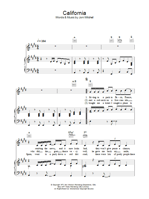 Joni Mitchell California Sheet Music Notes & Chords for Piano, Vocal & Guitar Chords (Right-Hand Melody) - Download or Print PDF