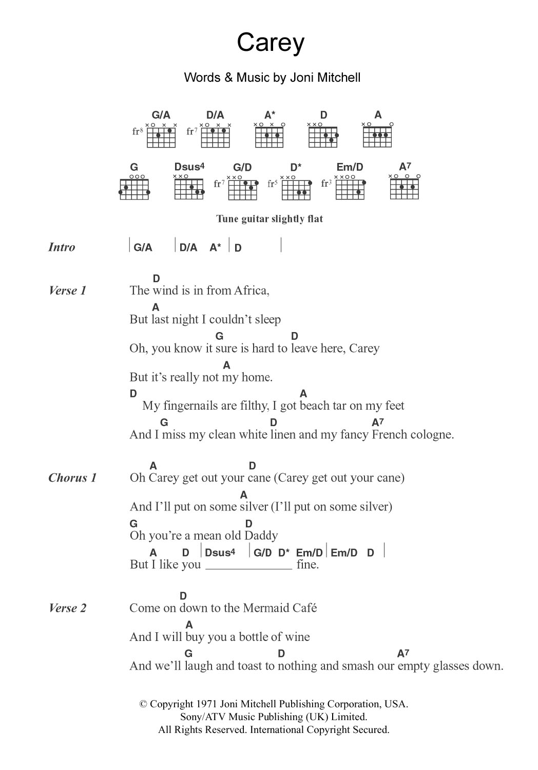 Joni Mitchell Carey Sheet Music Notes & Chords for Lyrics & Chords - Download or Print PDF