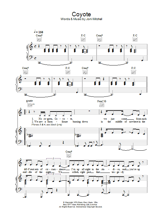 Joni Mitchell Coyote Sheet Music Notes & Chords for Piano, Vocal & Guitar Chords (Right-Hand Melody) - Download or Print PDF