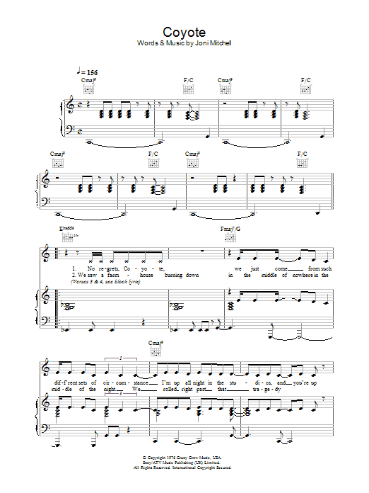 Joni Mitchell Coyote Sheet Music Notes & Chords for Piano, Vocal & Guitar (Right-Hand Melody) - Download or Print PDF