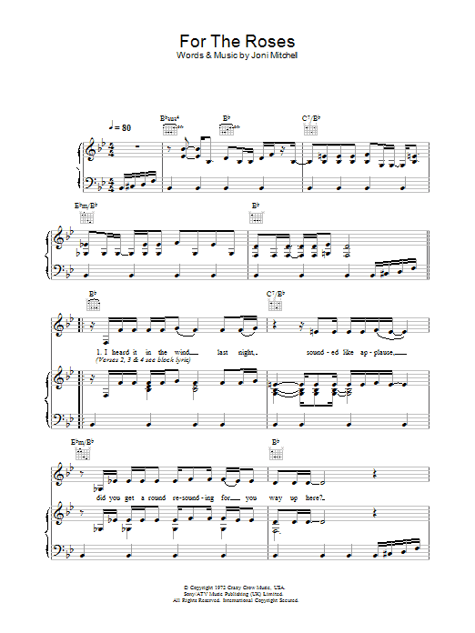 Joni Mitchell For The Roses Sheet Music Notes & Chords for Piano, Vocal & Guitar (Right-Hand Melody) - Download or Print PDF