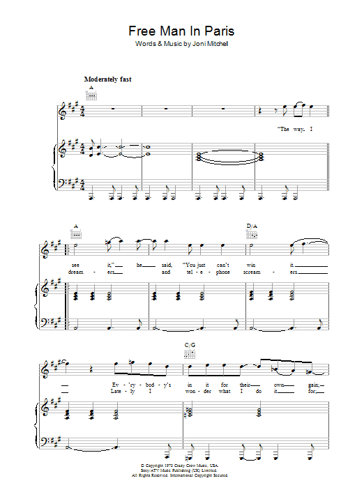 Joni Mitchell Free Man In Paris Sheet Music Notes & Chords for Piano, Vocal & Guitar - Download or Print PDF