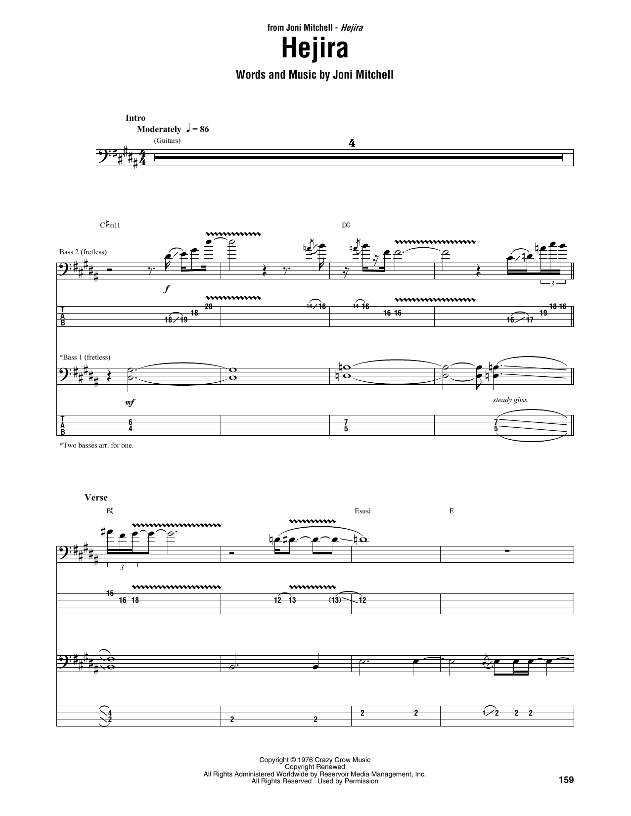Joni Mitchell Hejira Sheet Music Notes & Chords for Bass Guitar Tab - Download or Print PDF