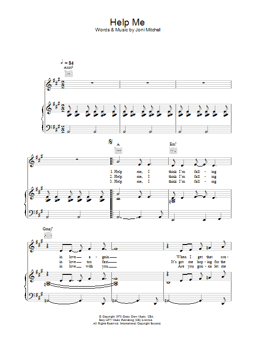 Joni Mitchell Help Me Sheet Music Notes & Chords for Piano, Vocal & Guitar (Right-Hand Melody) - Download or Print PDF