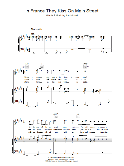 Joni Mitchell In France They Kiss On Main Street Sheet Music Notes & Chords for Piano, Vocal & Guitar (Right-Hand Melody) - Download or Print PDF