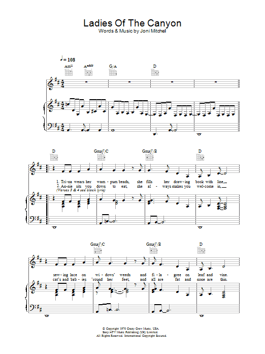 Joni Mitchell Ladies Of The Canyon Sheet Music Notes & Chords for Piano, Vocal & Guitar Chords (Right-Hand Melody) - Download or Print PDF