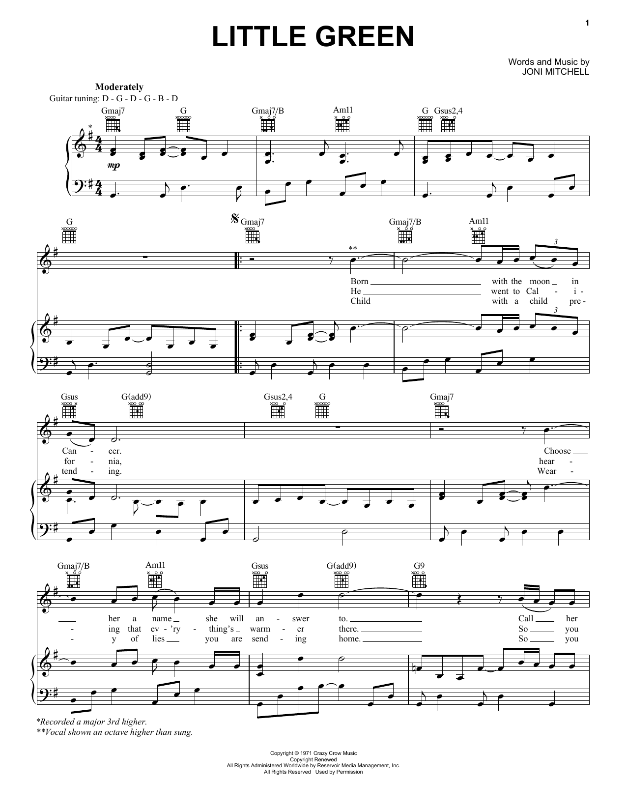 Joni Mitchell Little Green Sheet Music Notes & Chords for Piano, Vocal & Guitar Chords (Right-Hand Melody) - Download or Print PDF