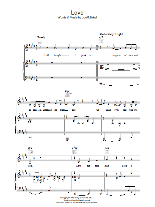 Joni Mitchell Love Sheet Music Notes & Chords for Piano, Vocal & Guitar - Download or Print PDF