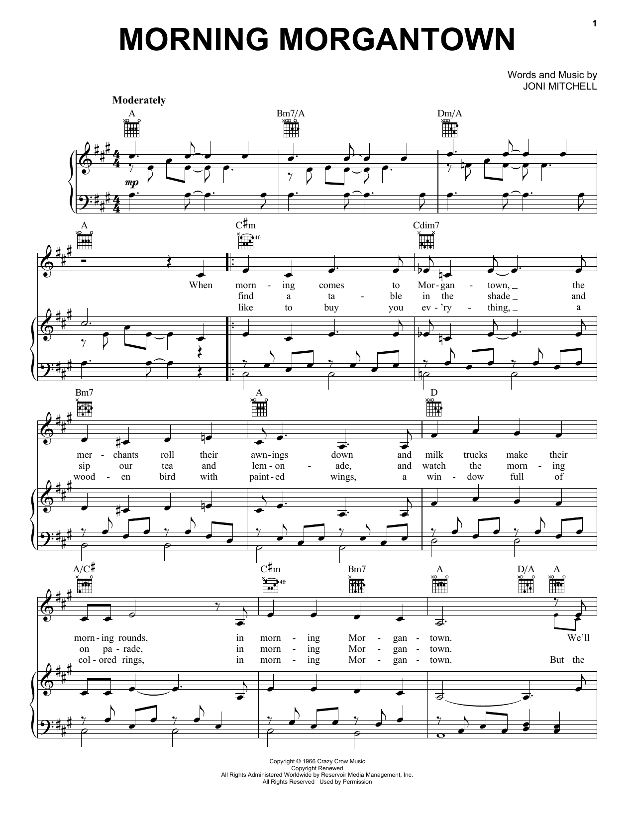 Joni Mitchell Morning Morgantown Sheet Music Notes & Chords for Piano, Vocal & Guitar Chords (Right-Hand Melody) - Download or Print PDF